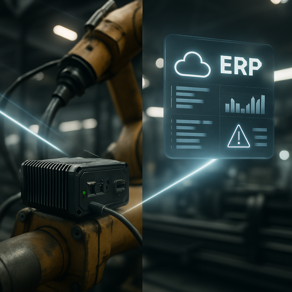 ERP Trends 2026 AI Automation Analytics In Splitscene Factory Environment On One Side Rugged IoT Edge Devices Near Robotic Machinery Capturing Vibration And Quality Data On The Other A Virtual Cloud Interface Hovering Above Displaying ERP Insights And Alerts Light Beams Or Digita 1 